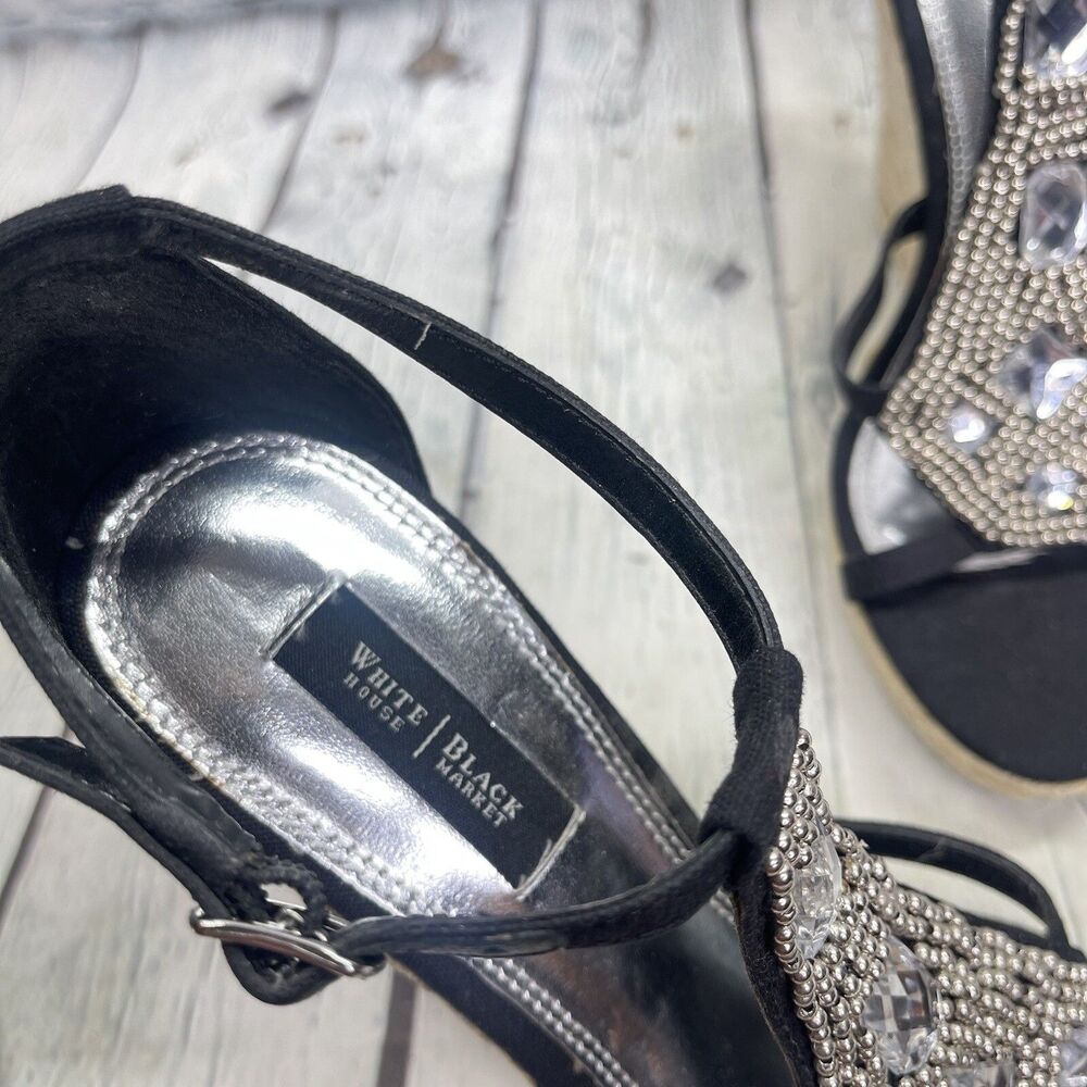 WHBM Black Wedges Rhinestone T Strap Women Size 7 Elegant Vacation Resort Chic - Picture 10 of 14